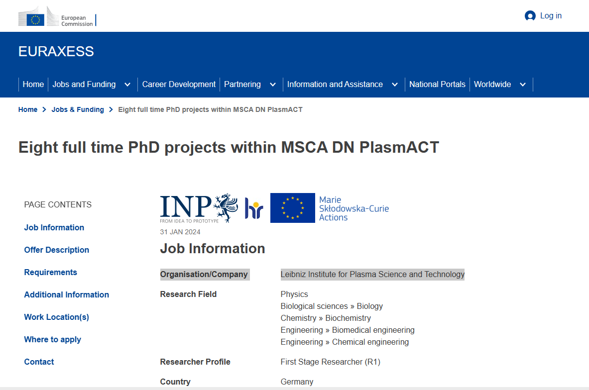 Eight full time PhD projects within MSCA DN PlasmACT